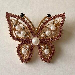 Mint Butterfly Brooch Pin Gold Tone Baby Pink Rhinestone Faux Pearl Insect